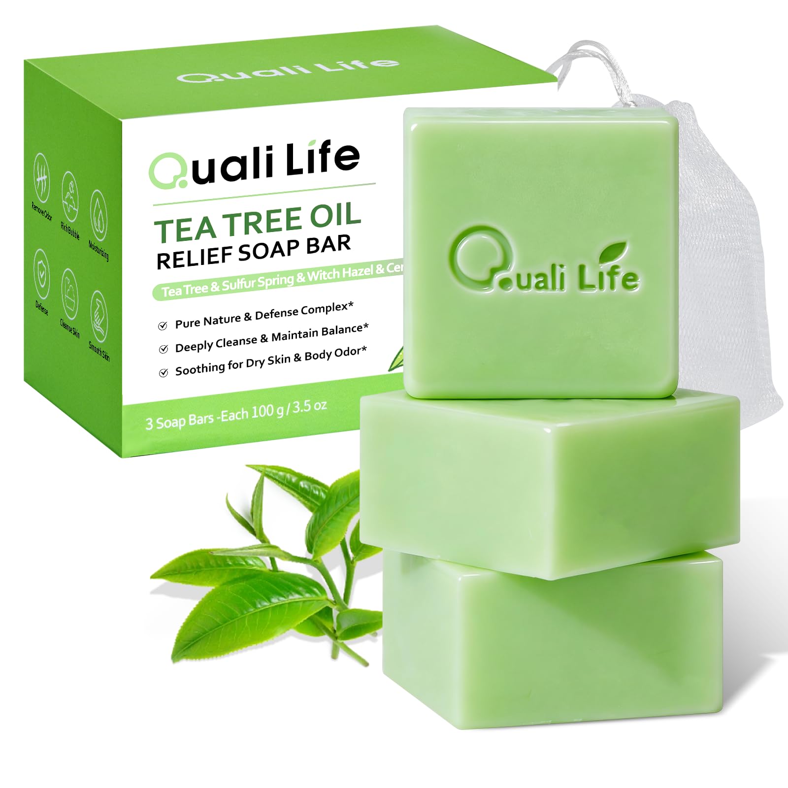 QualiLife front packaging showing three tea tree soap bars and benefits