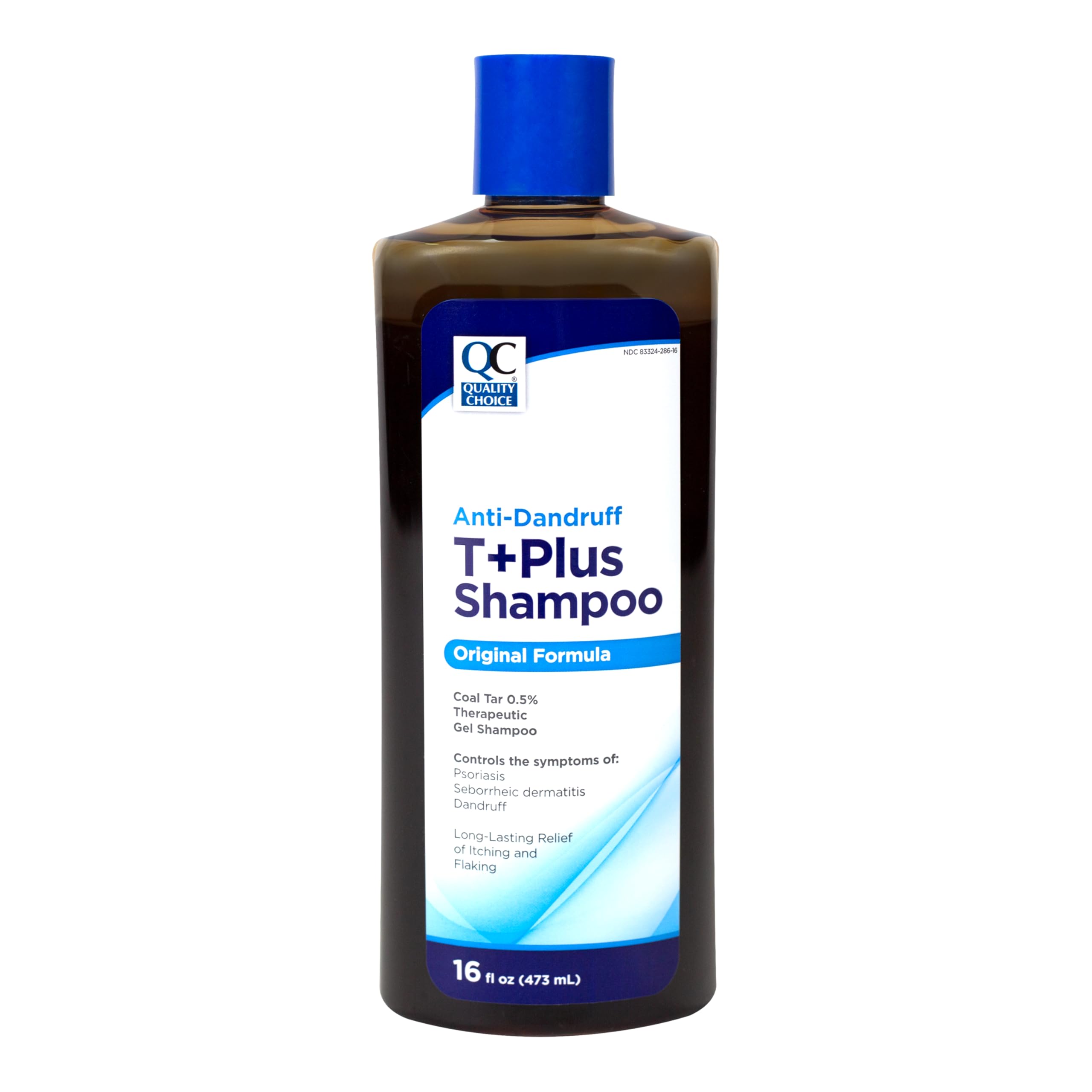 Quality Choice front packaging showing therapeutic coal tar formula and 16 fl oz size, clear benefit