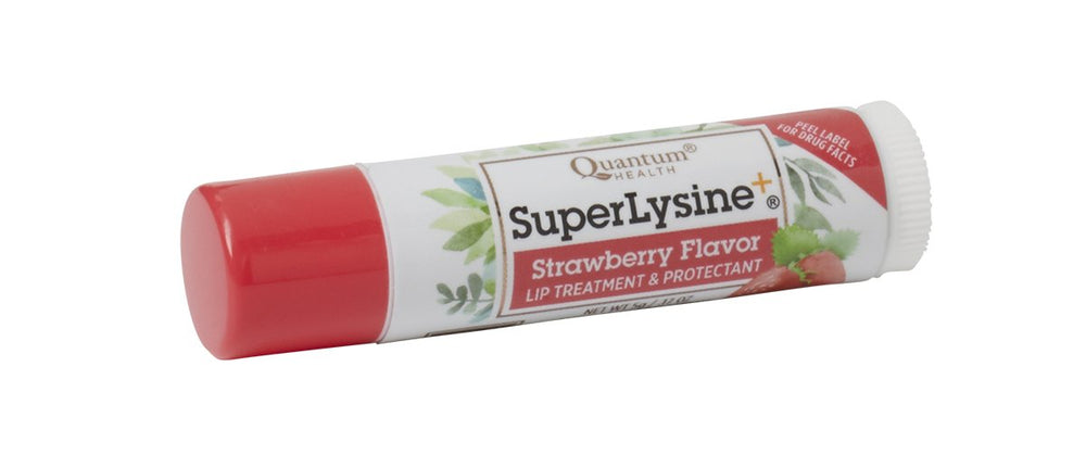 Quantum SuperLysine coldstick front view showing strawberry tube and travel convenience