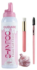 QUDABE front bottle showing pink whipped lash shampoo for clean lashes