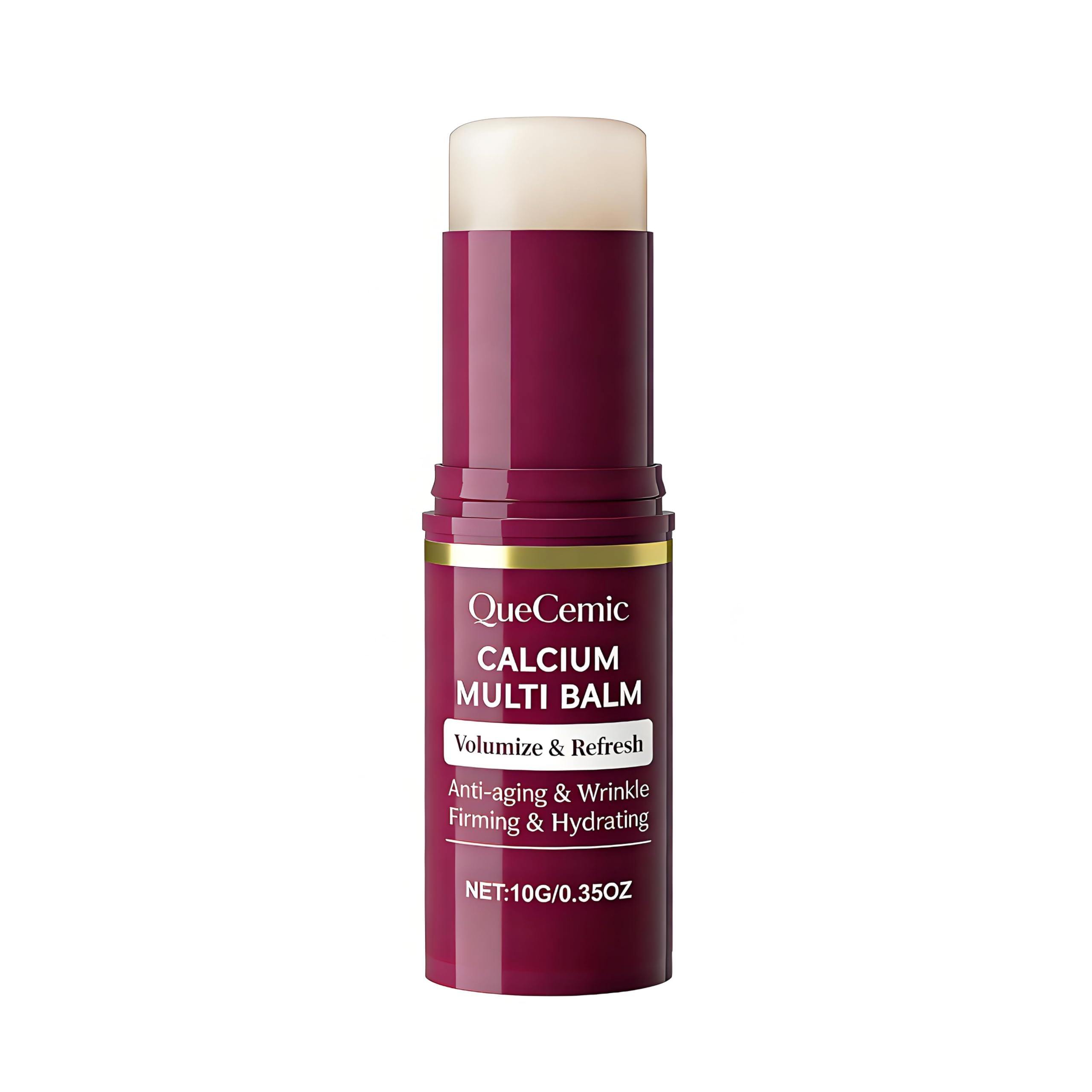 QueCemic front packaging showing compact balm stick and label benefit
