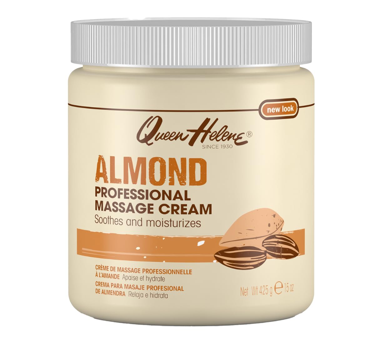 Queen Helene front view of 15 oz jar showing almond cream packaging and use benefit