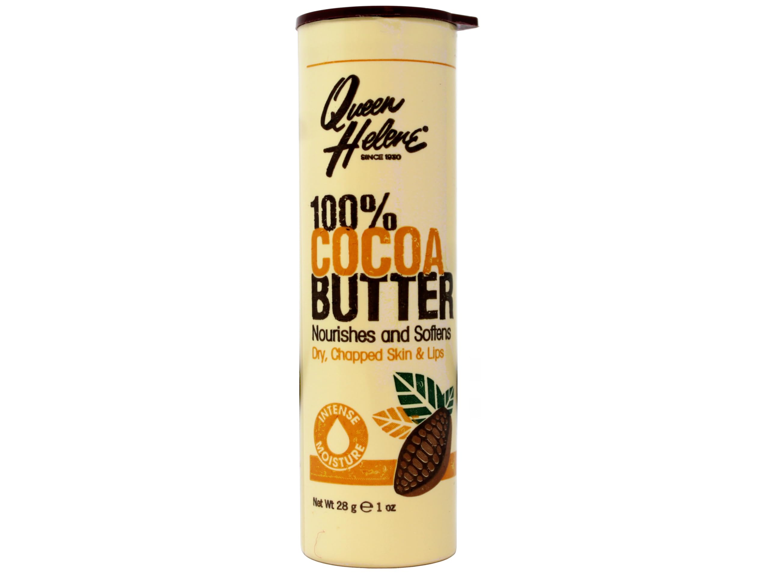 Queen Helene front view of cocoa butter stick showing label and compact design for portability