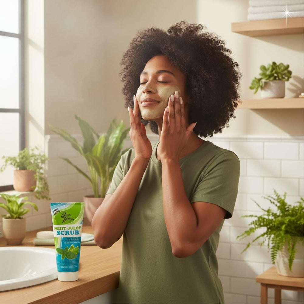 Queen Helene being applied to a wet face for cleansing and exfoliation