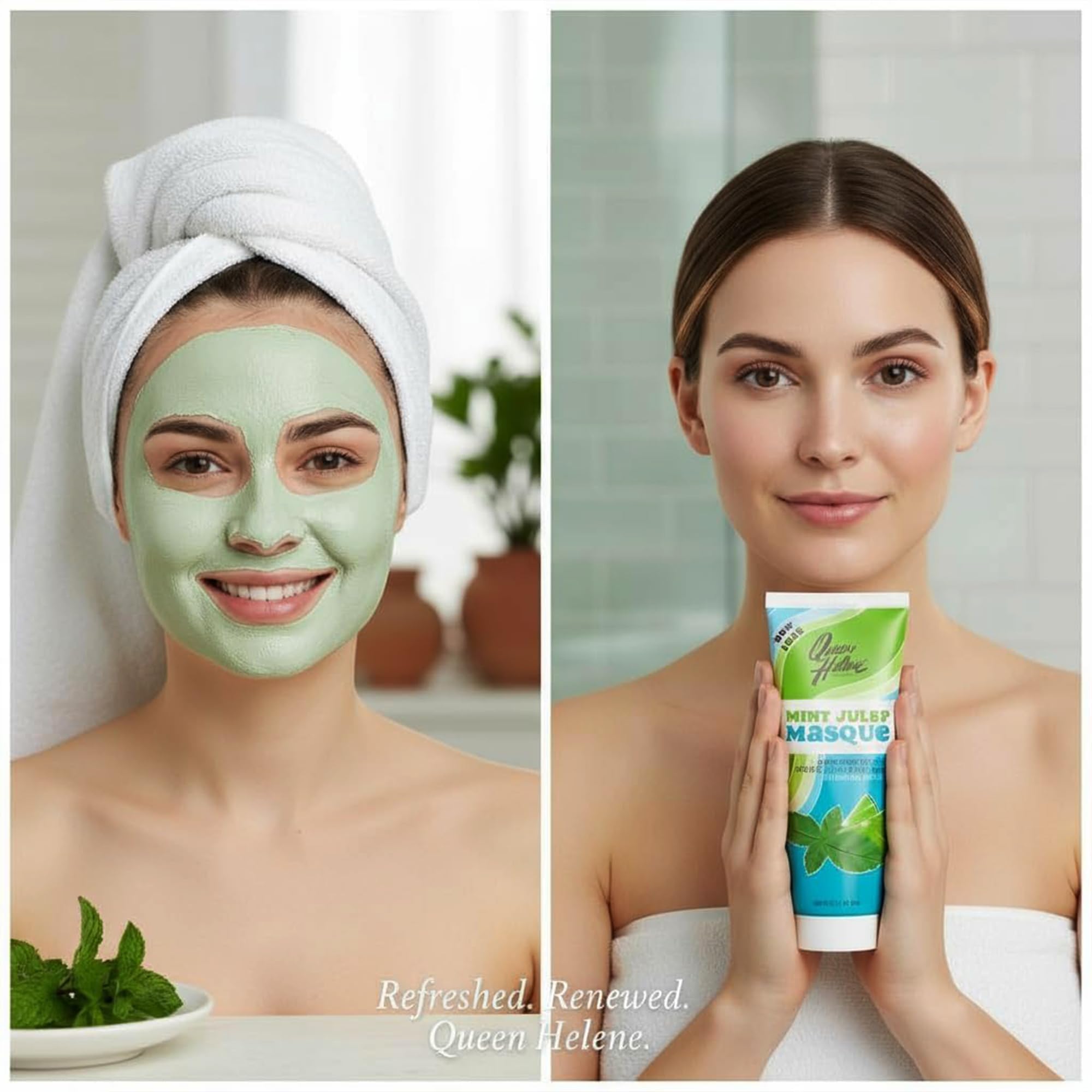 Woman applying Queen Helene masque delivering cooling pore-refresh benefit