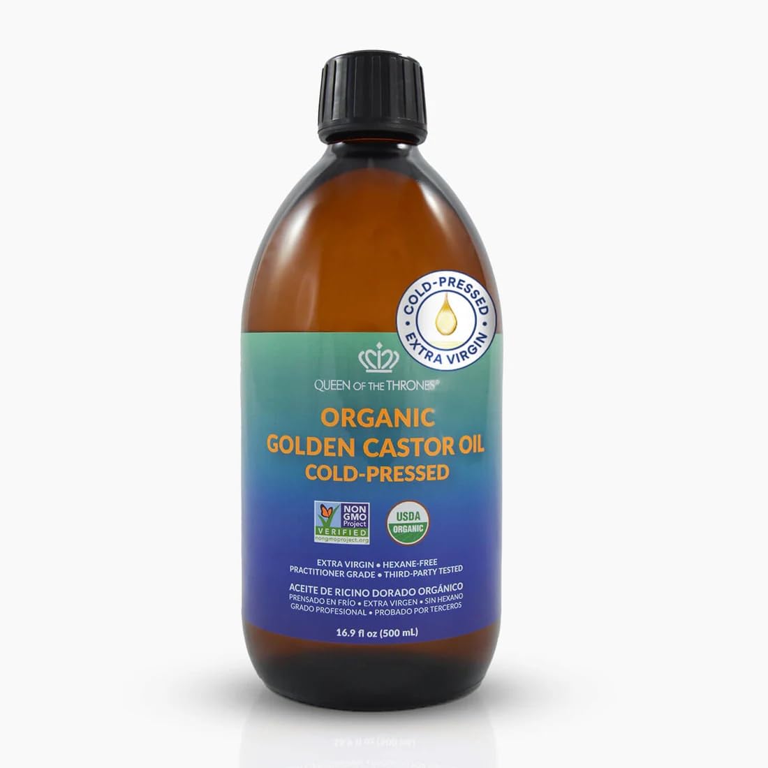 QUEEN OF THE THRONES front bottle showing 500ml and organic label benefits