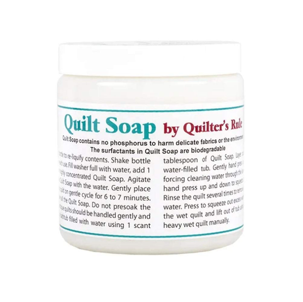 Quilter's Rule quilt soap jar front view showing label and compact size for easy storage