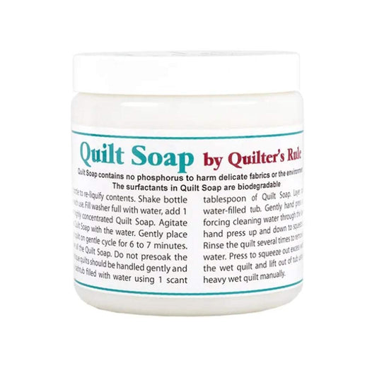 Quilter's Rule quilt soap jar front view showing label and compact size for easy storage
