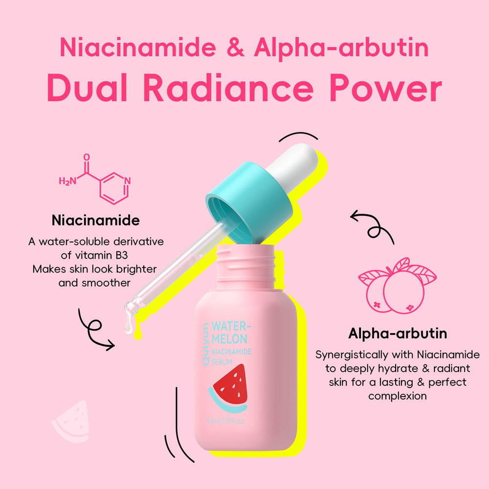 QUIYUM bottle beside watermelon illustrating natural fruit extract hydration