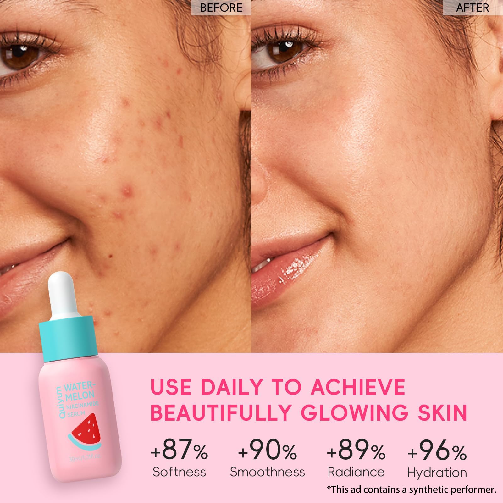 QUIYUM drops on skin showing quick absorption and visible moisture boost