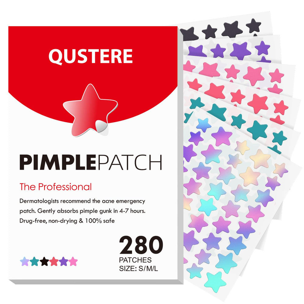 QUSTERE front packaging showing 280 colorful star pimple patches and benefits