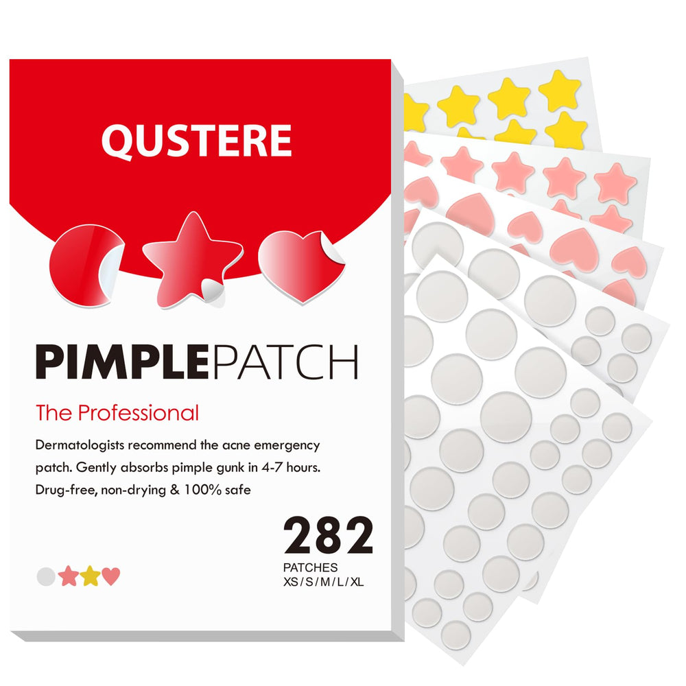 QUSTERE front packaging showing 282 pimple patches and kit variety for quick treatment