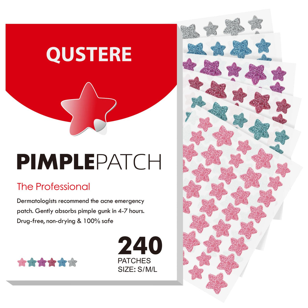 QUSTERE front packaging showing 240 colorful star pimple patches and benefits
