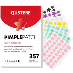 QUSTERE front packaging showing 357-count colorful hydrocolloid patches and benefits
