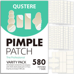 QUSTERE front packaging showing full 580-piece acne patch kit and benefits