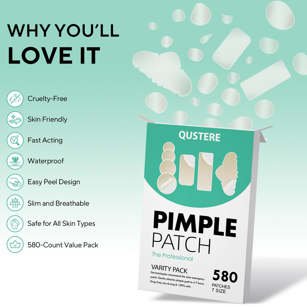 QUSTERE patch applied on cheek hiding blemish while protecting skin