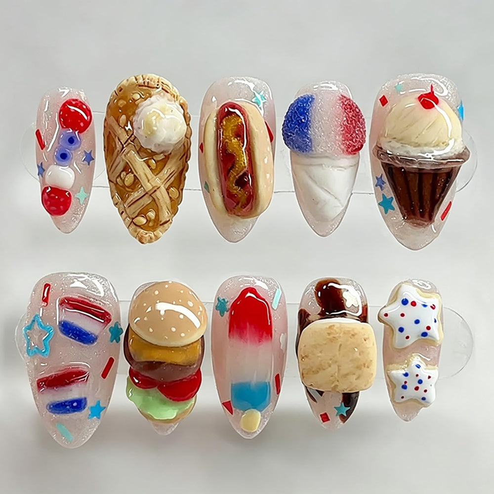 QXFJWRW front packaging showing 24 patriotic press-on nails and glitter accents