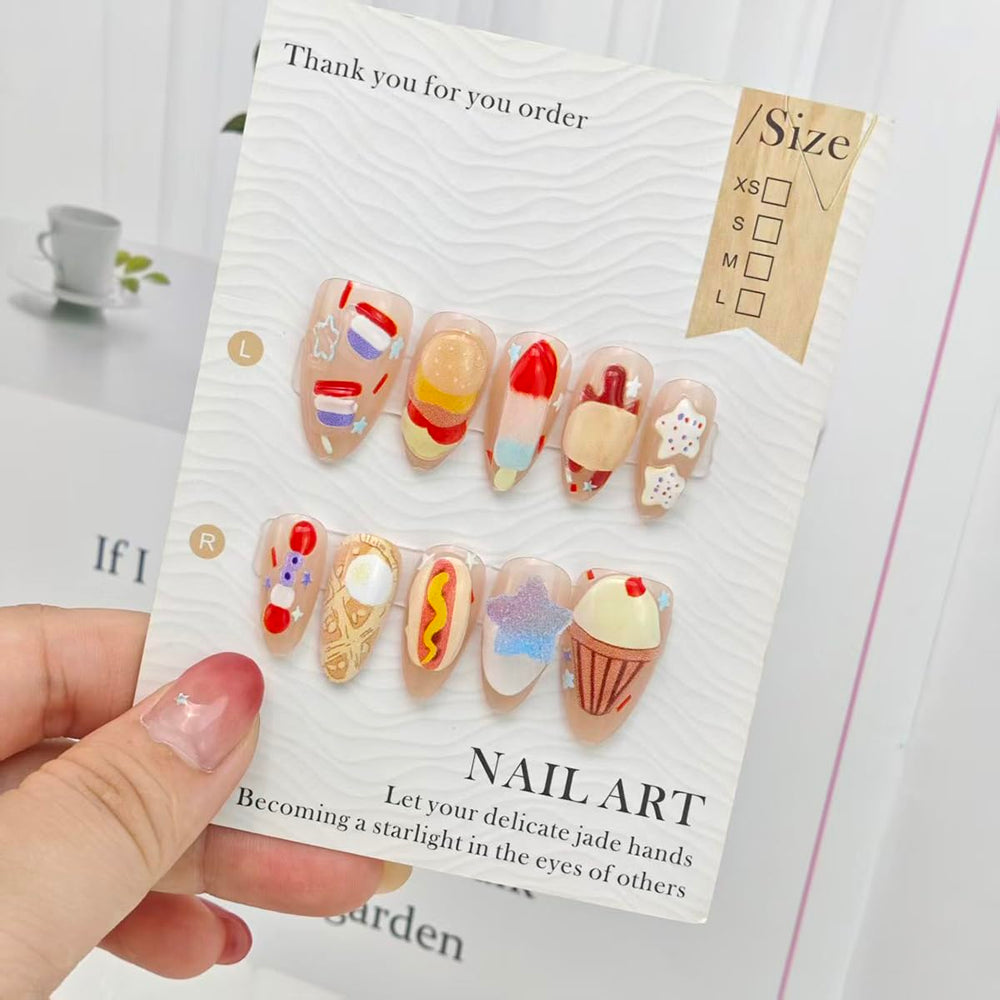 QXFJWRW size layout comparing nails to a finger for fit and scale reference