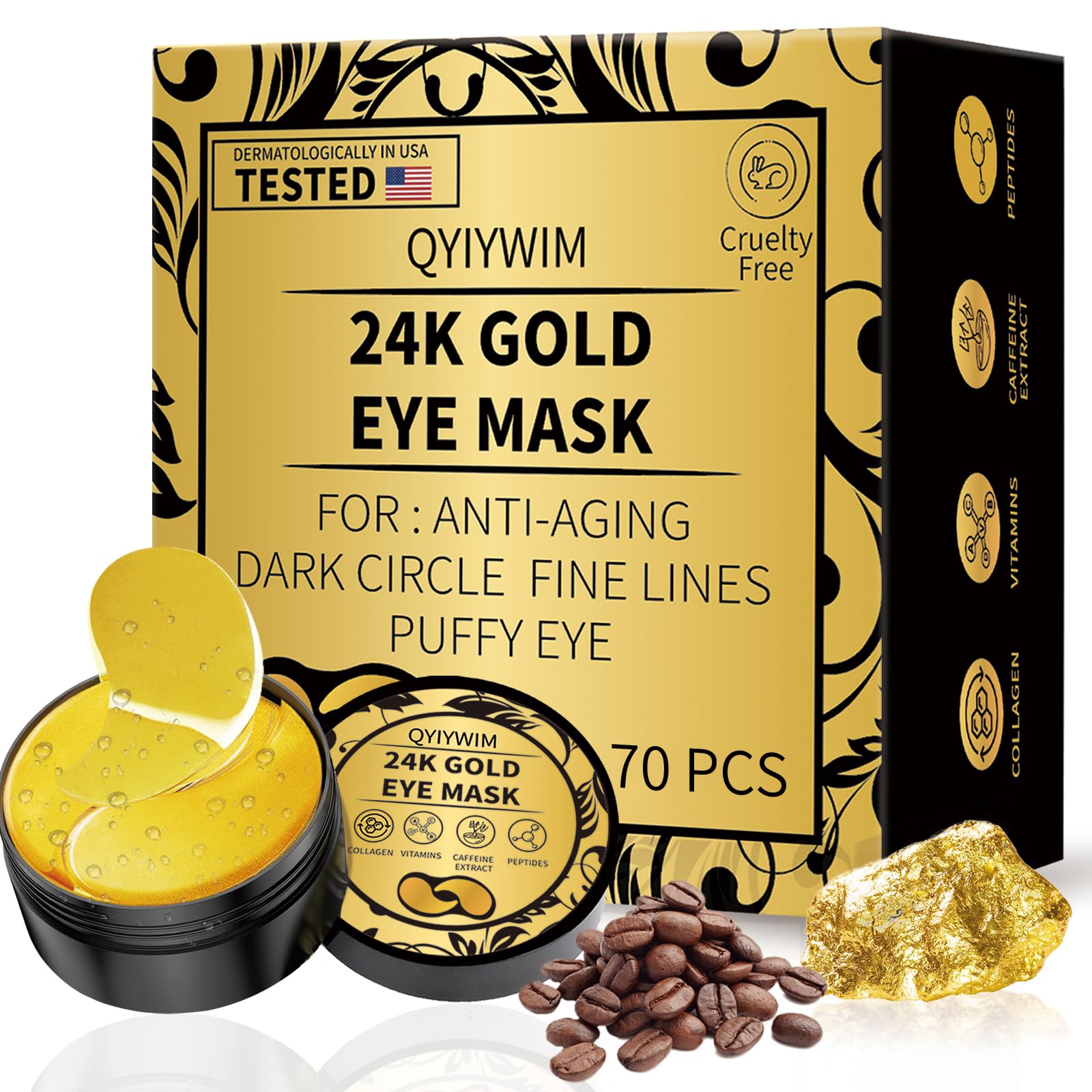 Qyiywim front packaging showing 24K gold eye patches for refreshed eyes