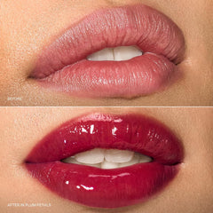 r.e.m. beauty close-up lip swatch showing fuller lips and glossy finish