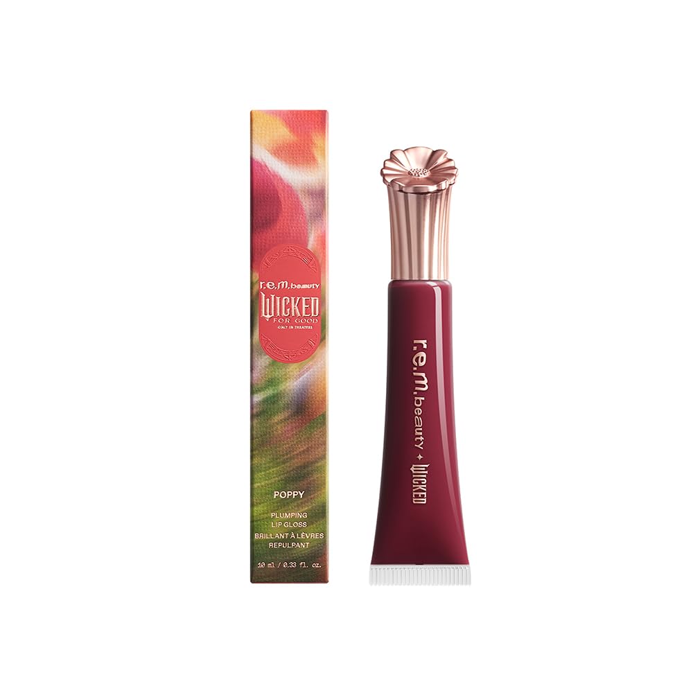 r.e.m. beauty packaging front view showing Plum Petals gloss and brand