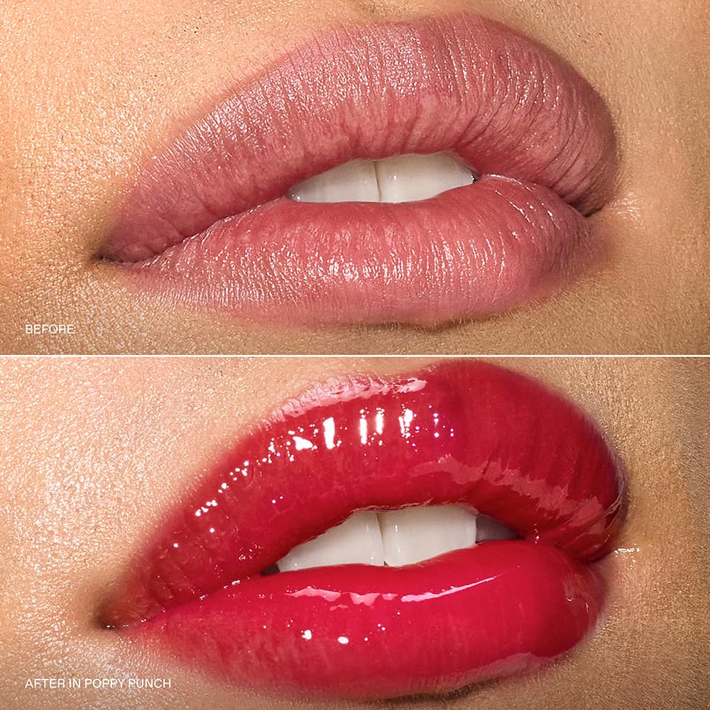 r.e.m. beauty lip swatch on model illustrating fuller-looking glossy lips