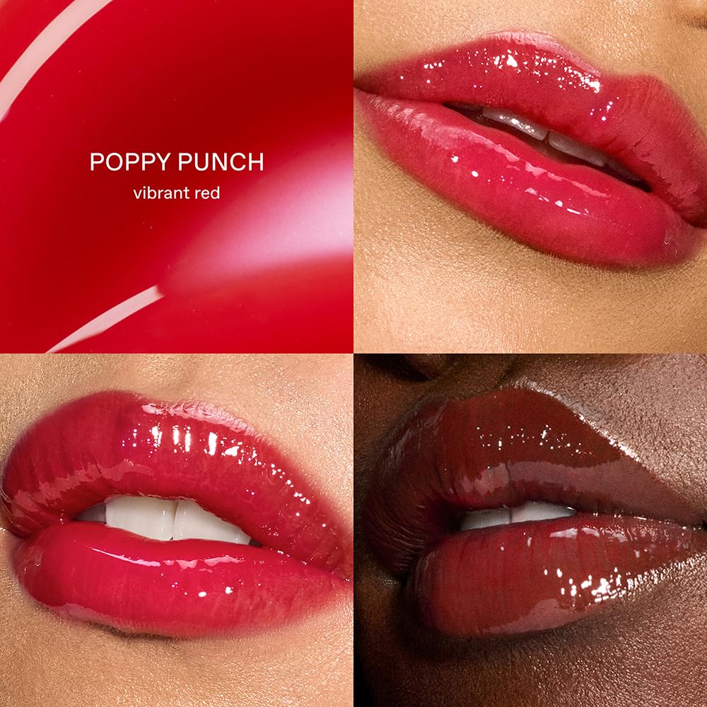 r.e.m. beauty vibrant swatch on arm showing Poppy Punch shade payoff