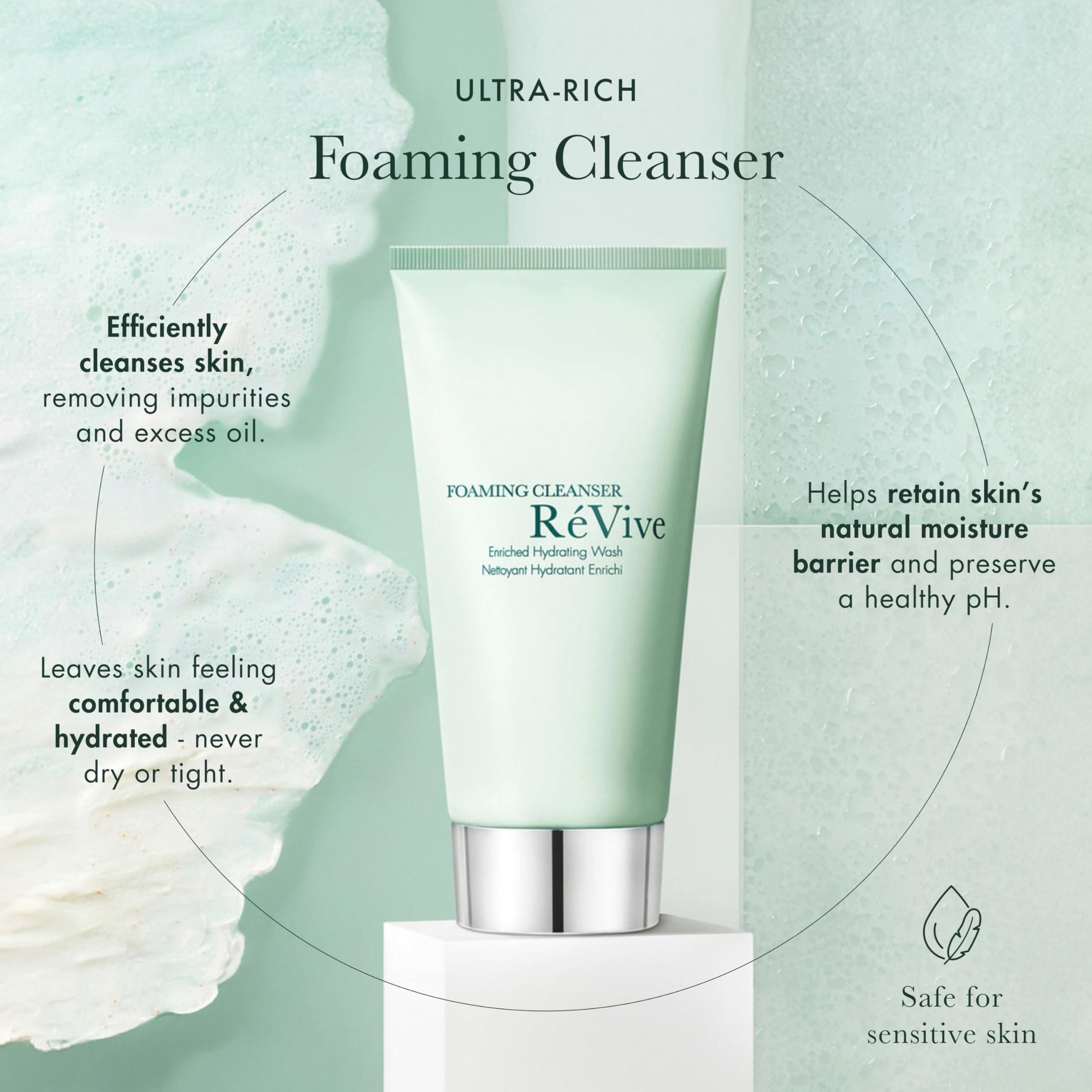 Close-up foam texture from RéVive cleanser showing gentle creamy lather