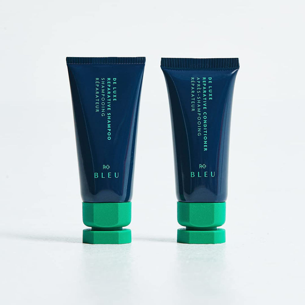 R+Co BLEU De Luxe label closeup highlighting brand and vegan claim
