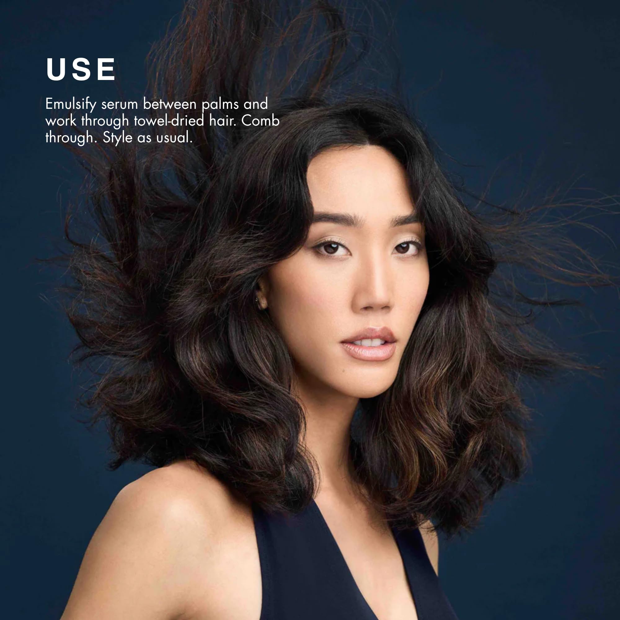 R+Co BLEU applied to damp hair mid-lengths demonstrating detangling and smoother styling