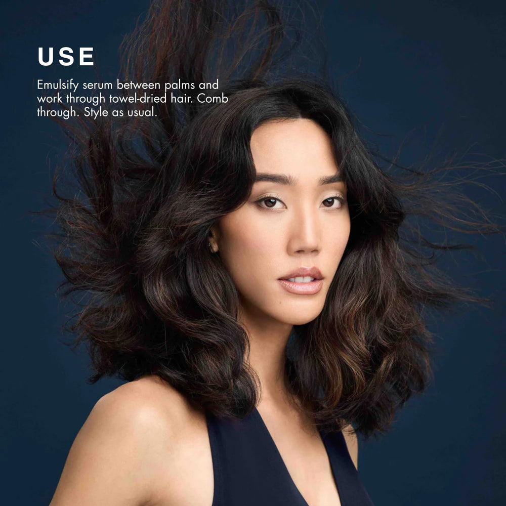 R+Co BLEU applied to damp hair mid-lengths demonstrating detangling and smoother styling