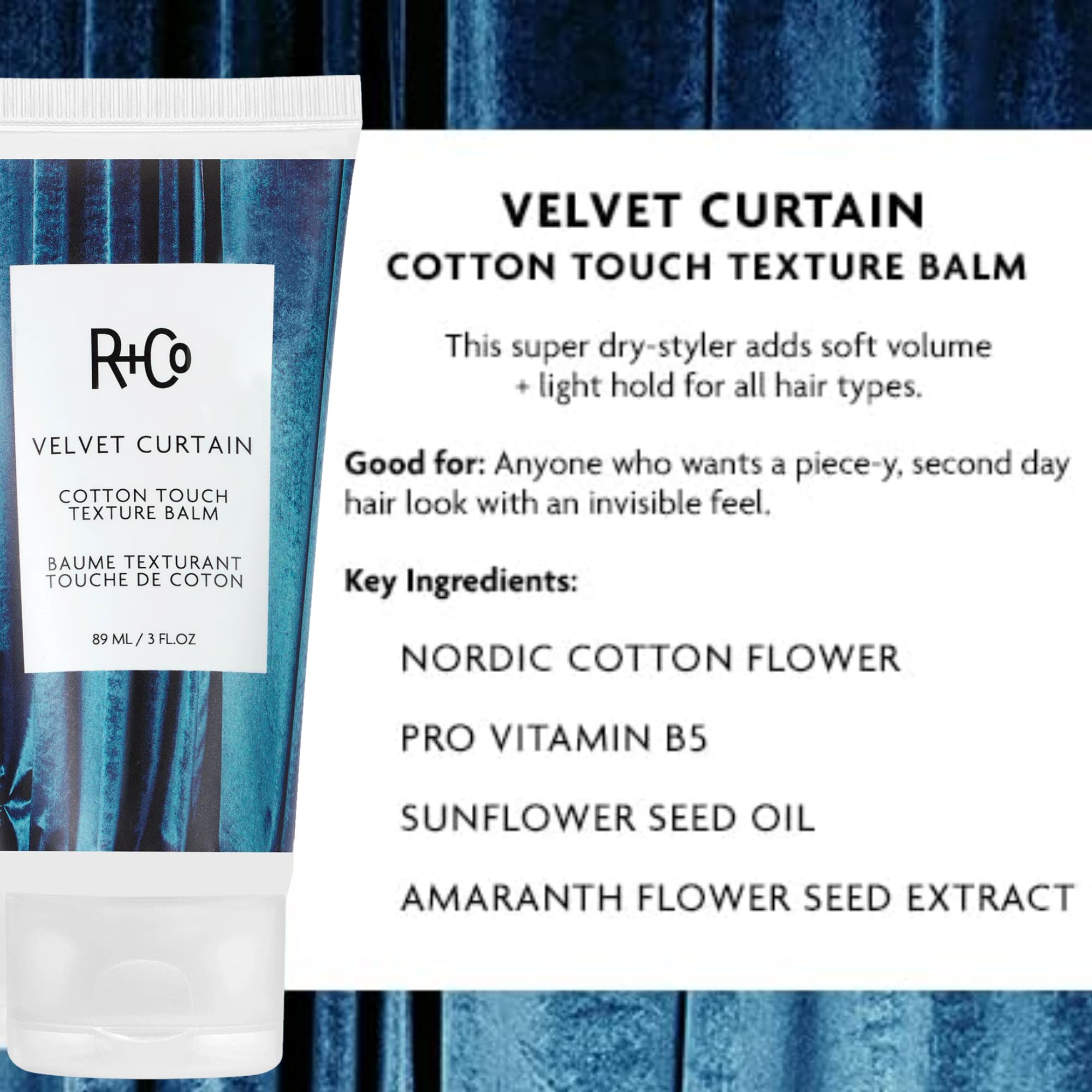 R+Co balm on fingers demonstrating small amount usage for lightweight styling