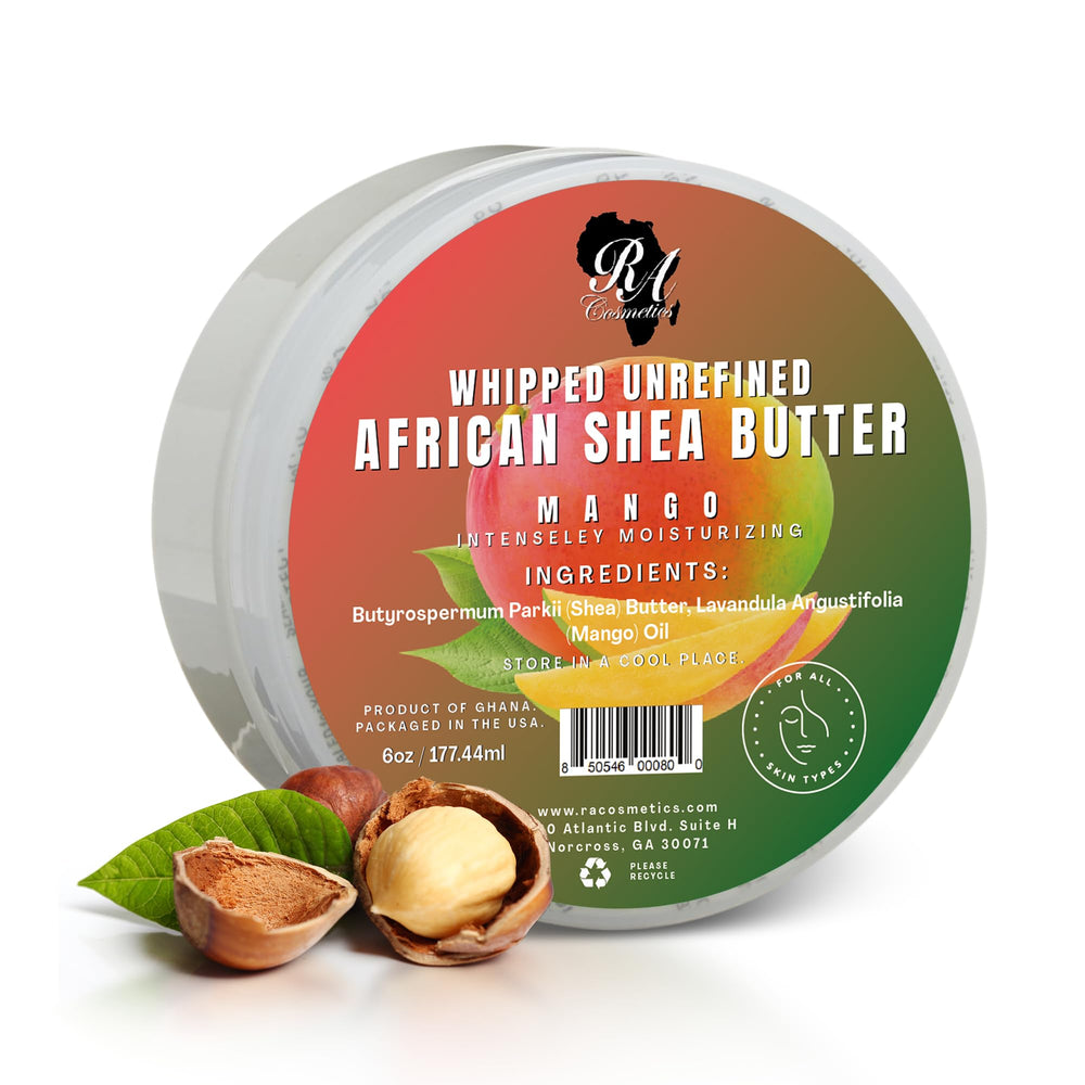 RA COSMETICS front jar label showing mango scent and 6 ounce size benefits
