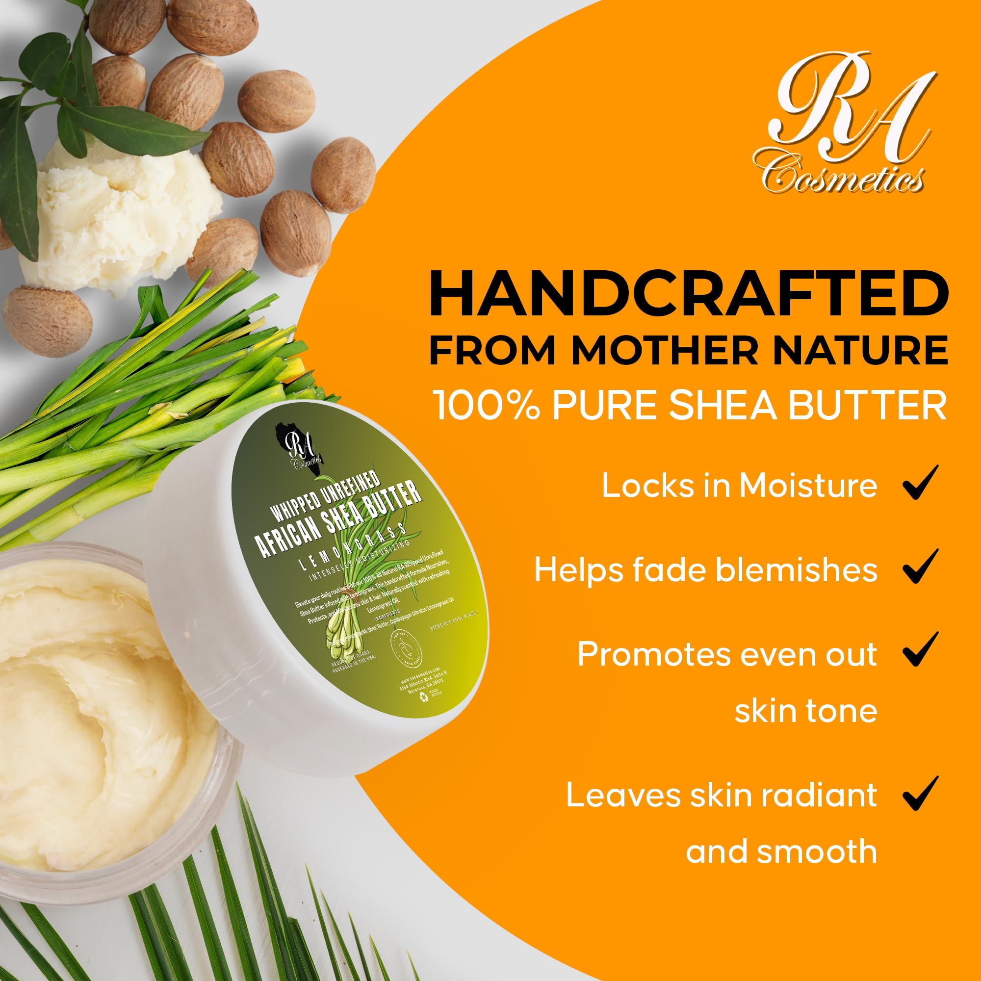 RA COSMETICS palm application of shea butter demonstrating smooth absorption