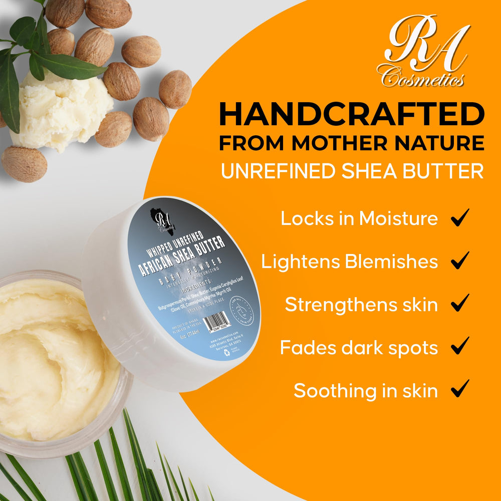RA COSMETICS shea butter rubbed on hand to show fast absorption benefit