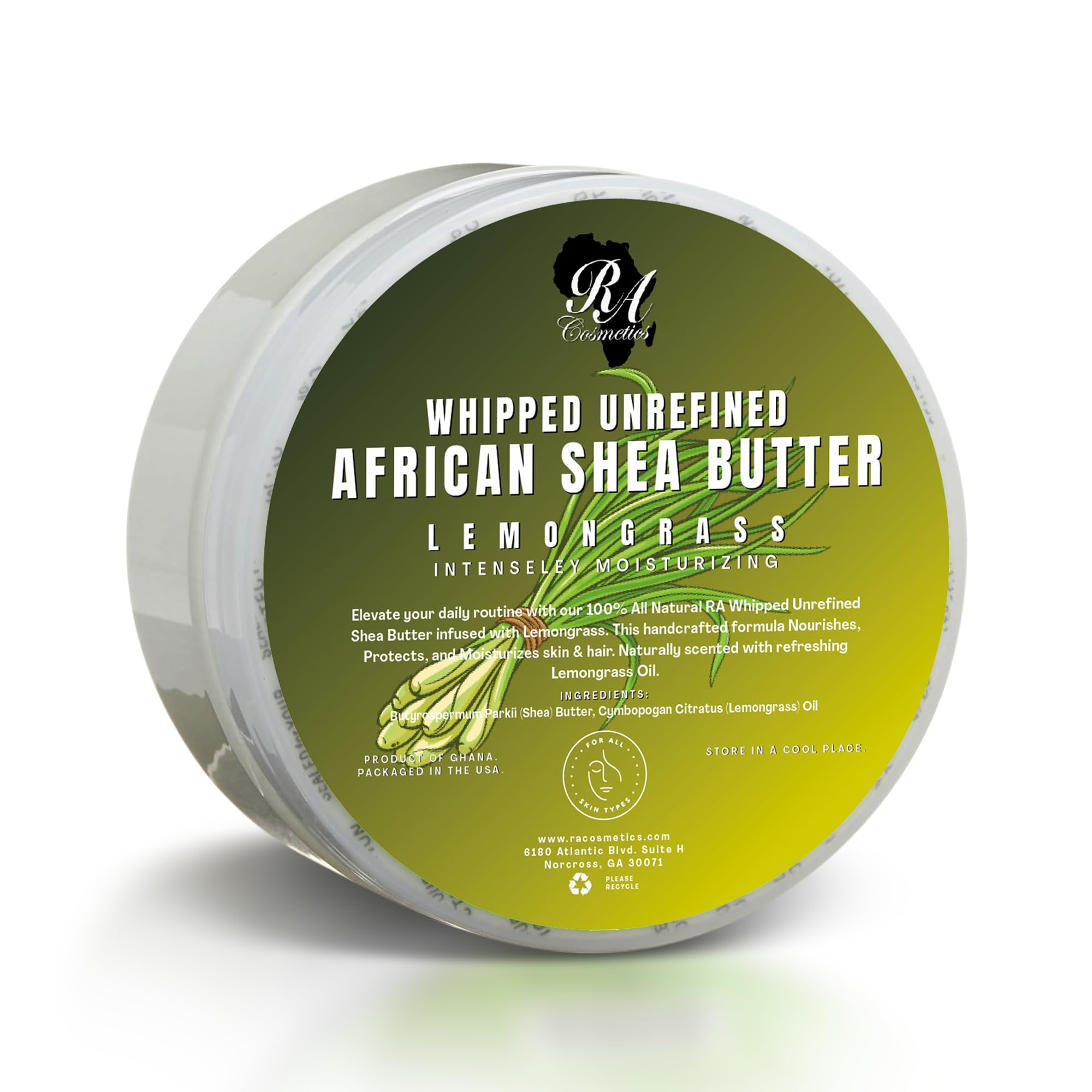 RA COSMETICS front jar showing whipped shea butter for nourishing hydration