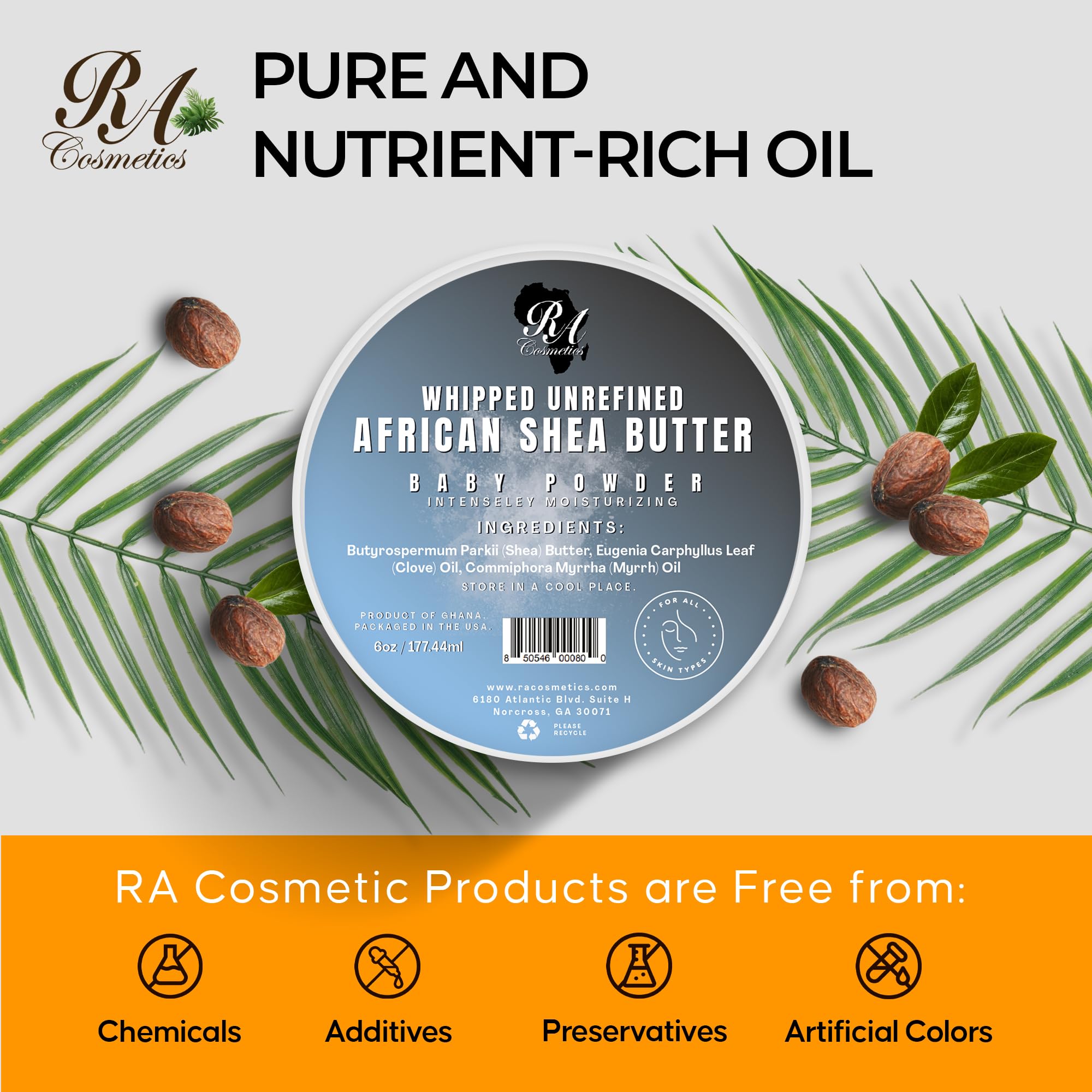 RA COSMETICS shea and mango ingredients highlighting natural nourishment