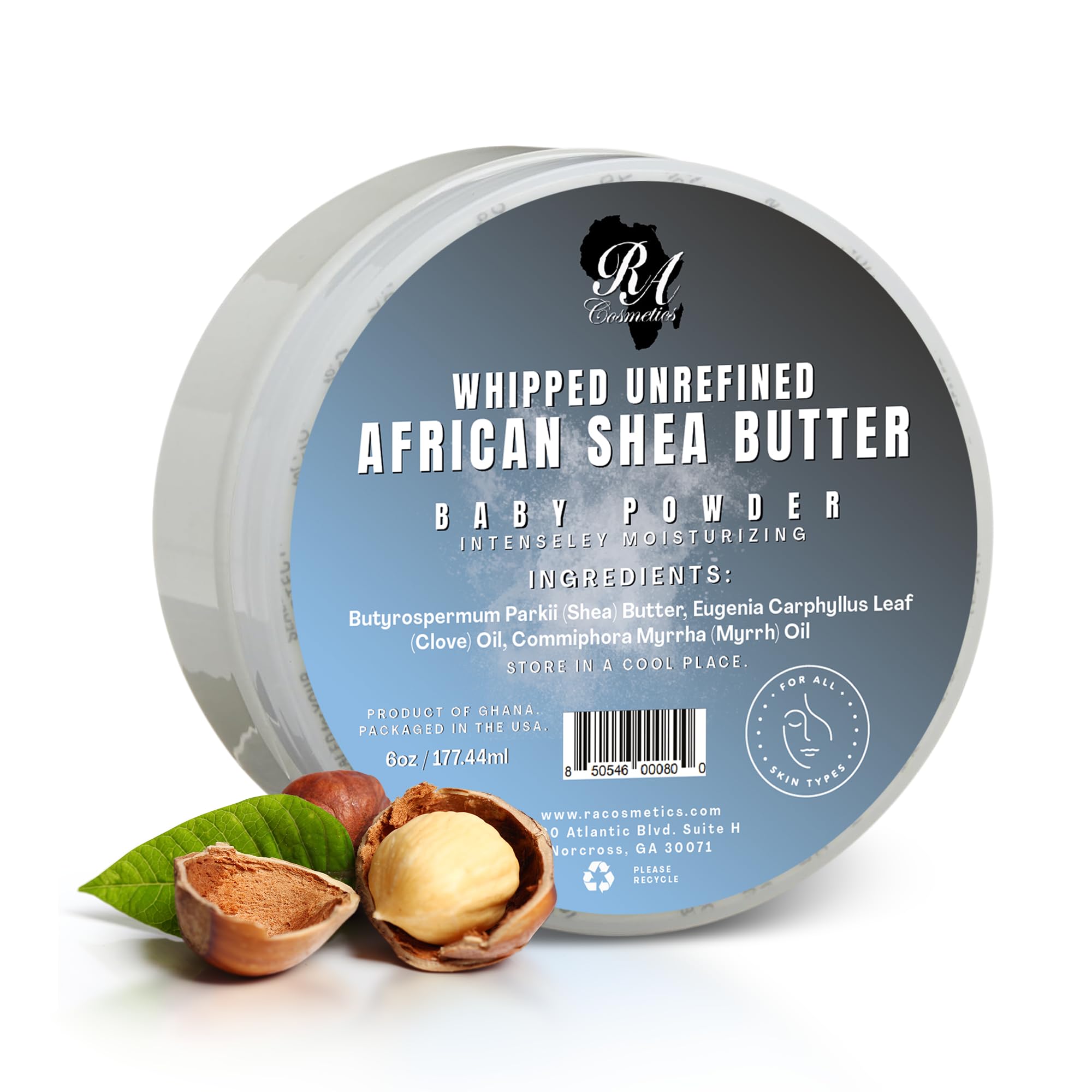 RA COSMETICS jar front showing whipped shea butter for easy moisturizing