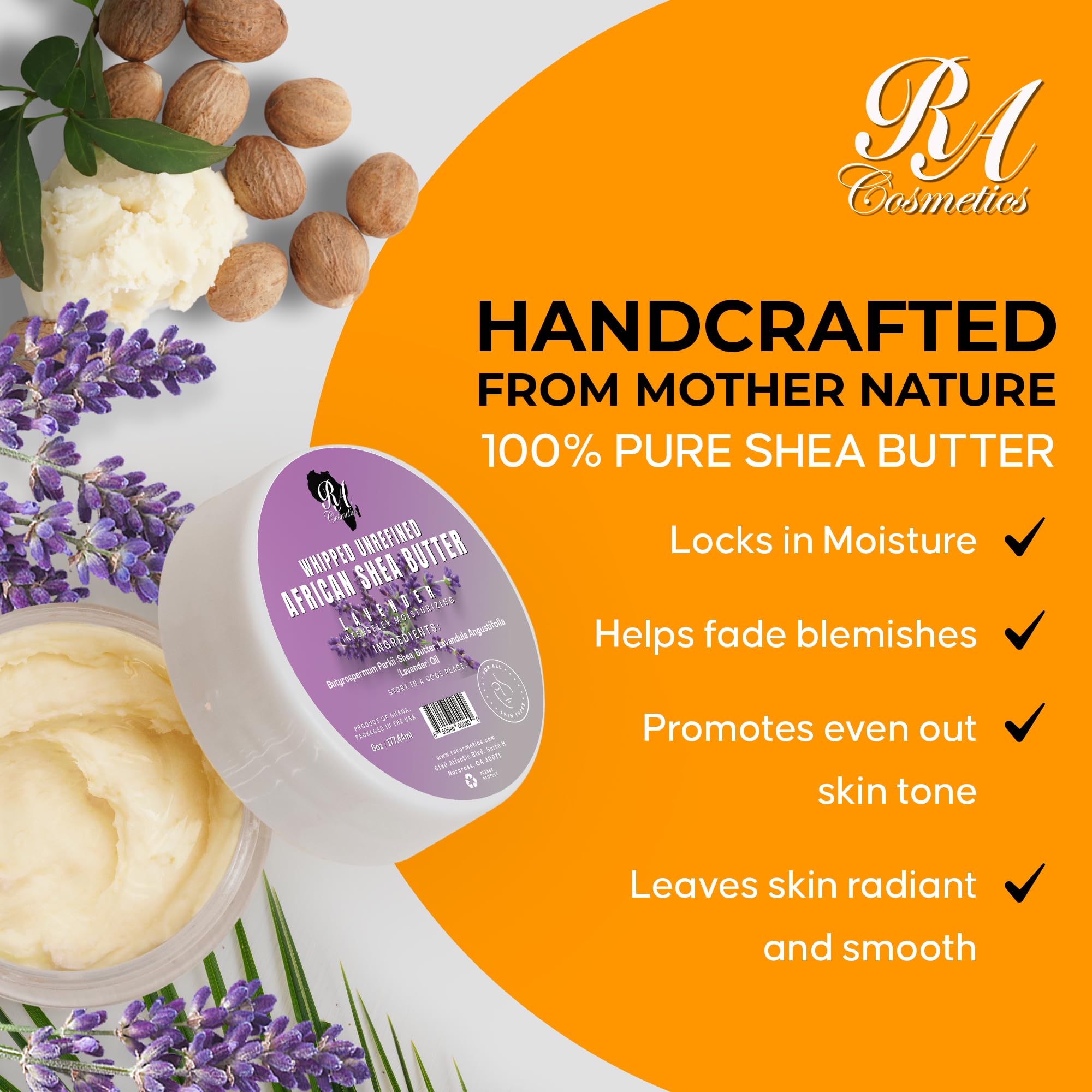 RA COSMETICS lavender sprig beside jar showing calming scent and natural aroma