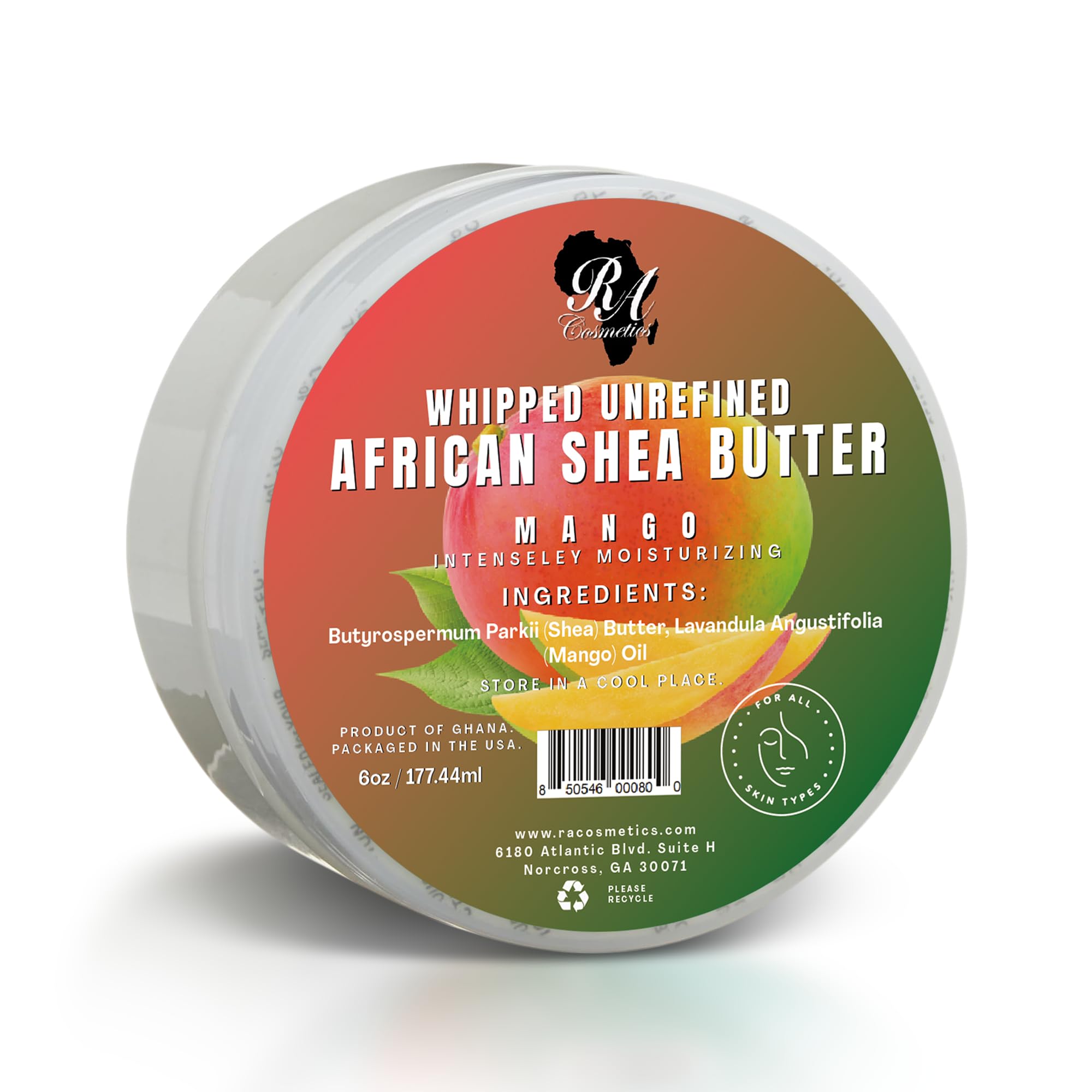 RA COSMETICS jar front view showing label and mango scent benefits