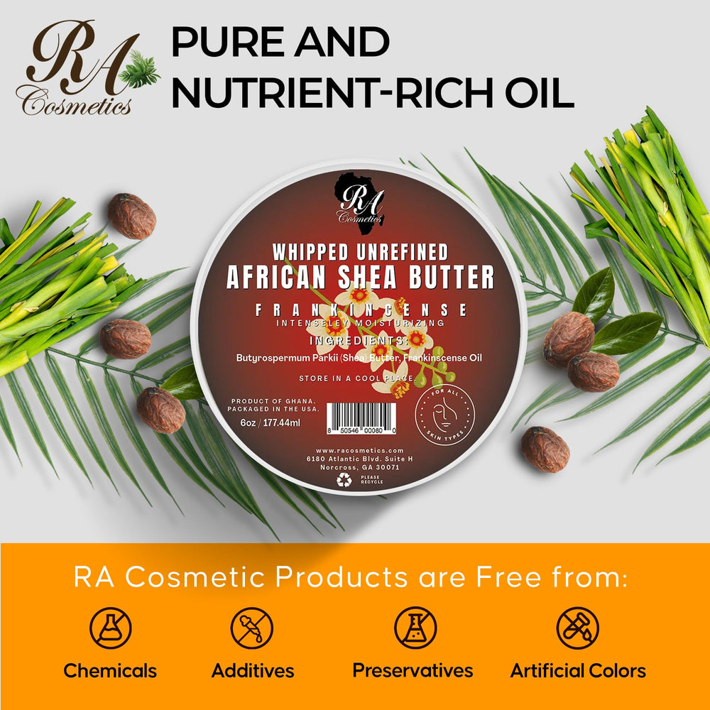 RA COSMETICS ingredients label close-up showing unrefined shea and mango extract
