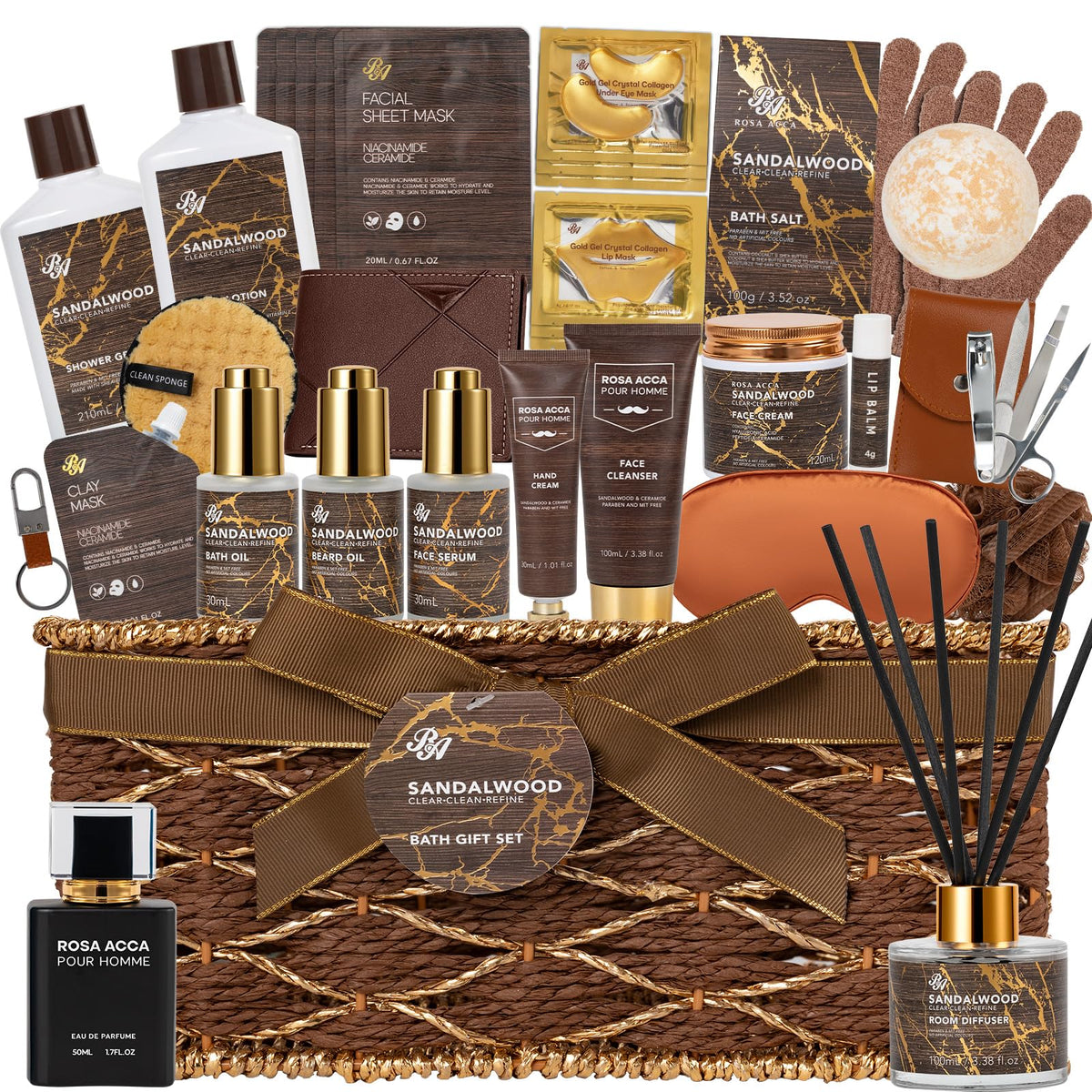 RA ROSA ACCA front-of-basket showing full sandalwood gift set and presentation benefits