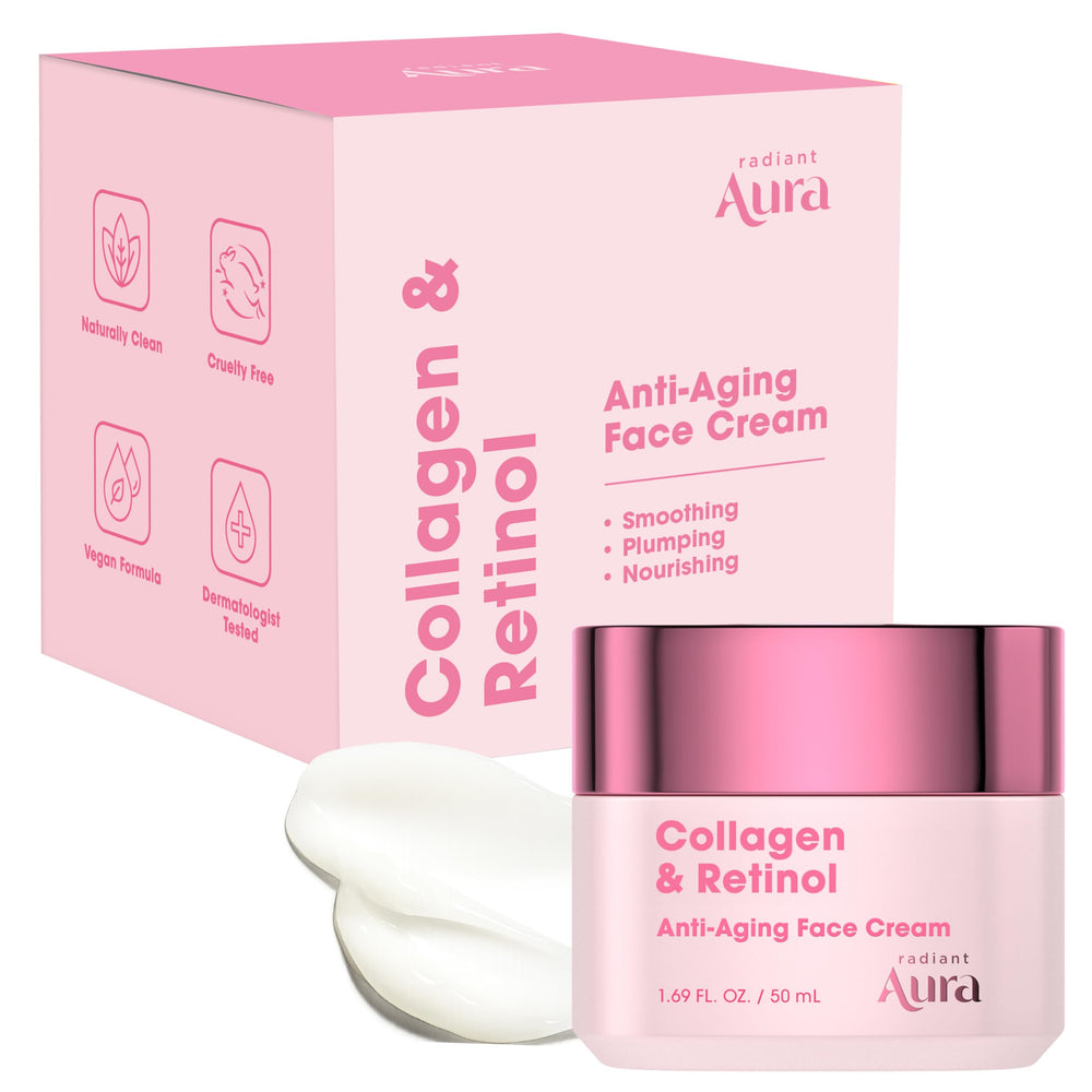 Radiant Aura front jar showing clean packaging and product benefits