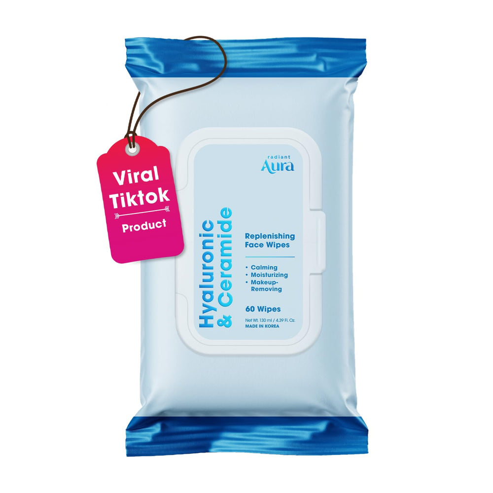 Radiant Aura front packaging showing 60-count wipes and benefits