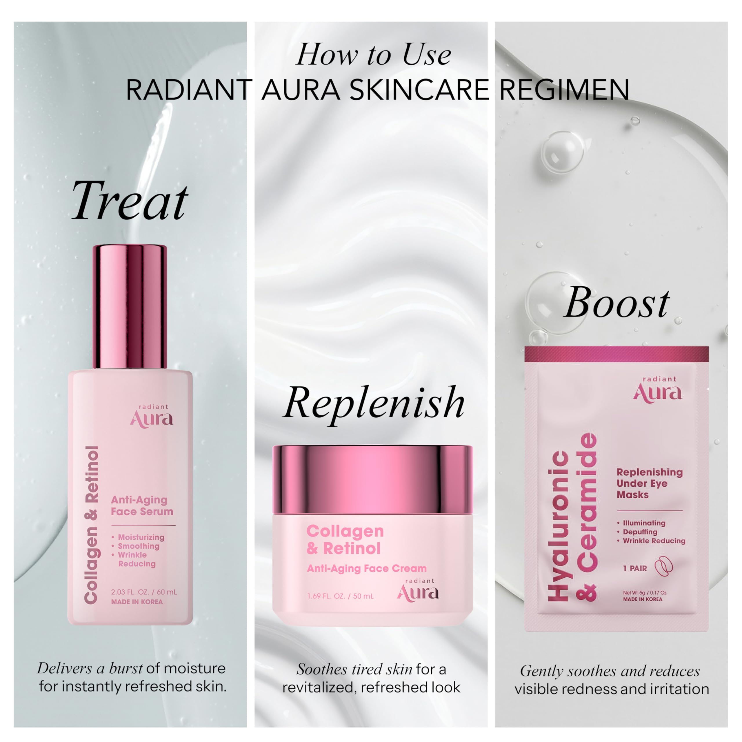 Radiant Aura on bathroom vanity styled for daily routine and clean-beauty appeal