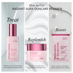 Radiant Aura on bathroom vanity styled for daily routine and clean-beauty appeal