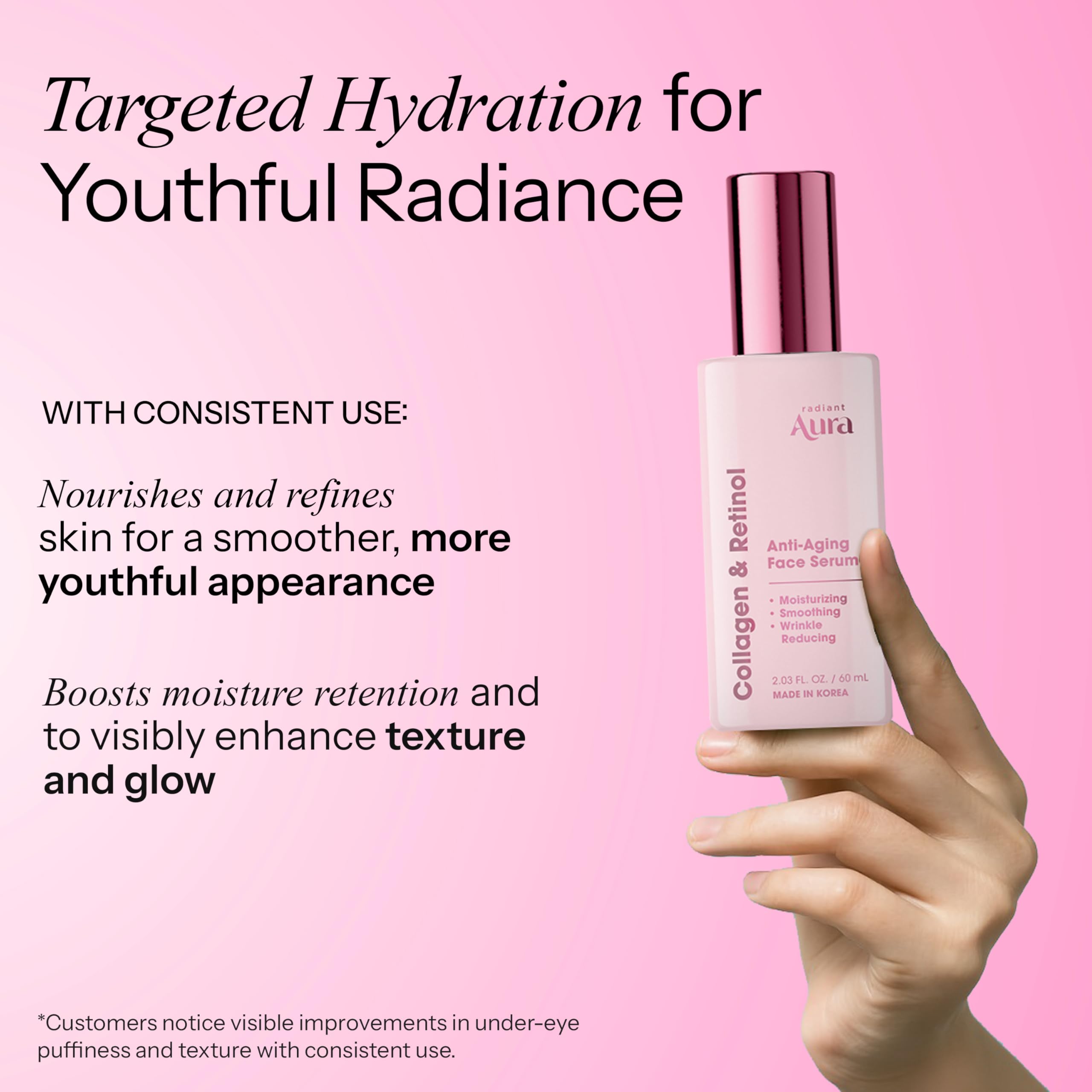 Radiant Aura serum texture drop illustrating lightweight, fast absorption benefit