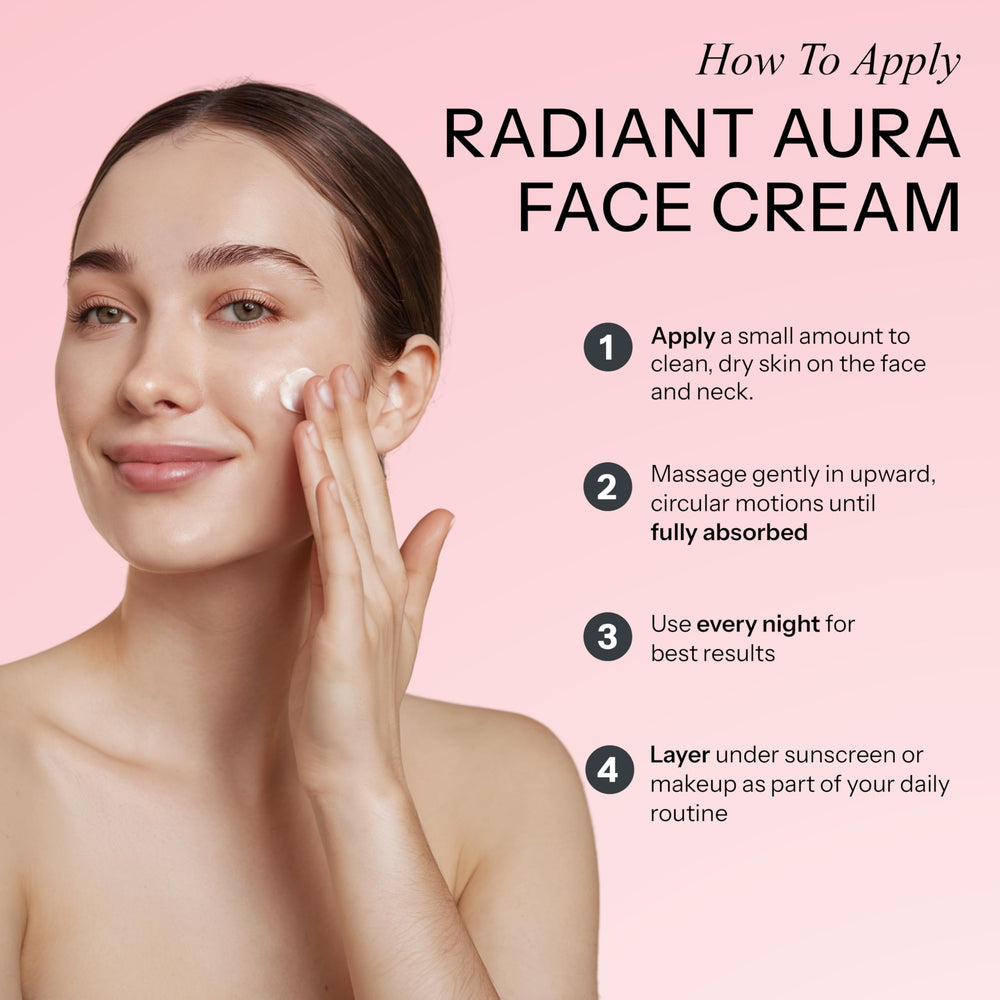 Radiant Aura jar beside a hand to show 1.69 fl oz size and travel-friendly benefit