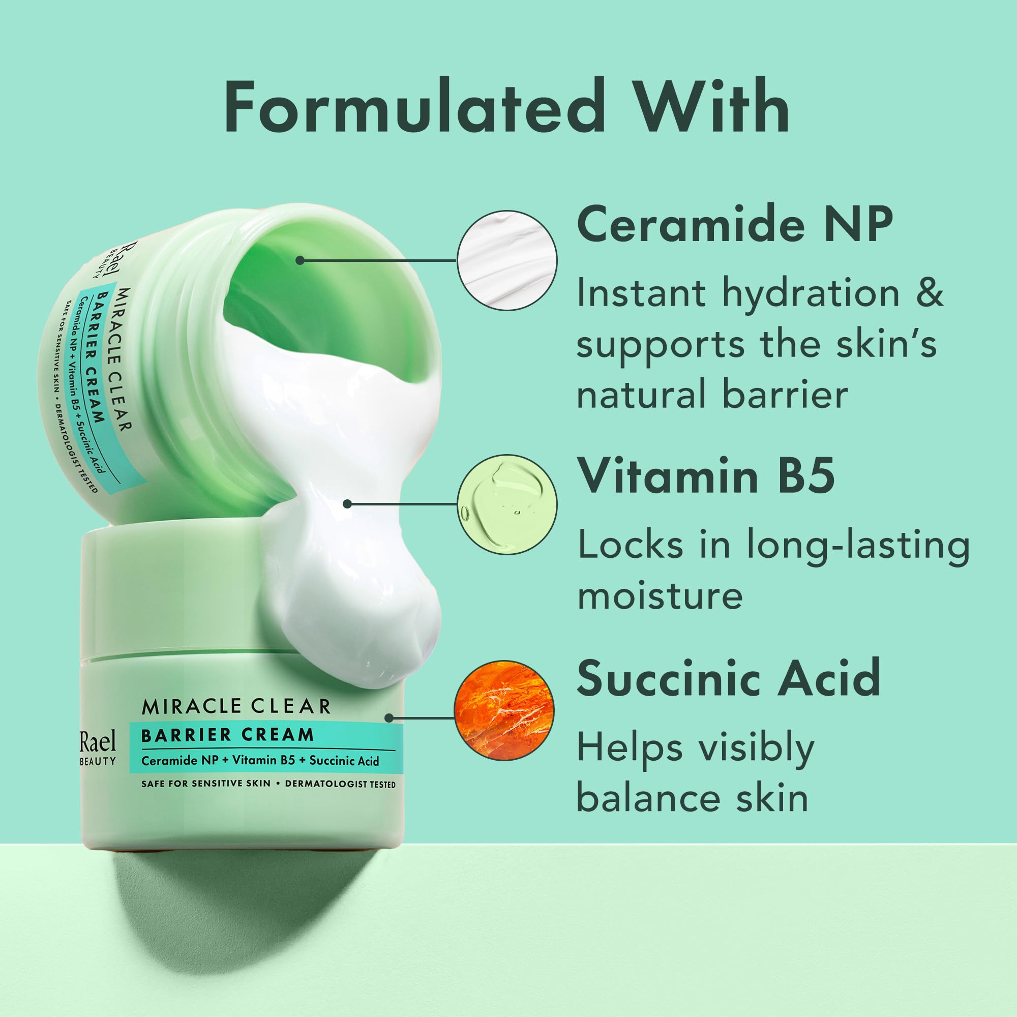 Rael ingredient label close-up showing succinic acid and ceramide benefits