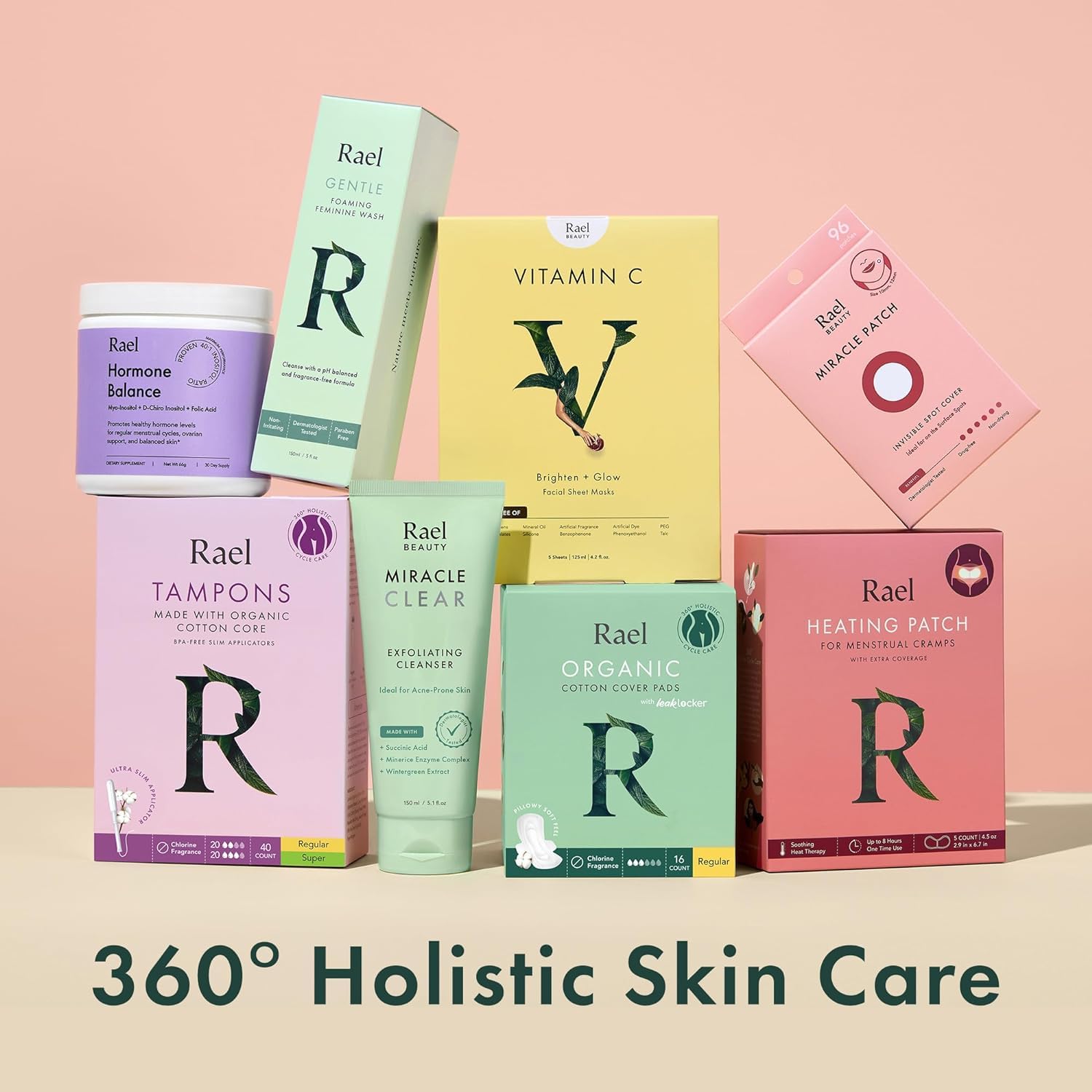 Rael flatlay with ingredients and tube conveying clean formulation benefit